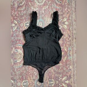 Intimately Free People Small Black Lace Bodysuit ruffles polka dot tie back